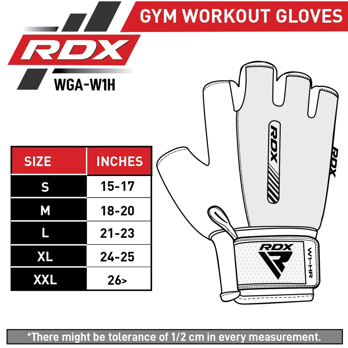 RDX W1 Gym Workout Gloves in Pink size chart-min